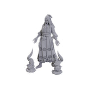 Critical Role Unpainted Miniatures: Laudna - Unpainted gray resin miniature of Laudna in flowing detailed robes with flames at her feet.