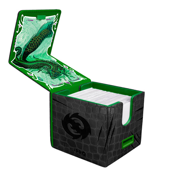 Alcove Edge Deckbox - Tarkir Dragonstorm - Teval, Arbiter of Virtue - 100+ - Black textured rectangular deckbox with green interior featuring a dragon artwork, holding standard-sized cards.