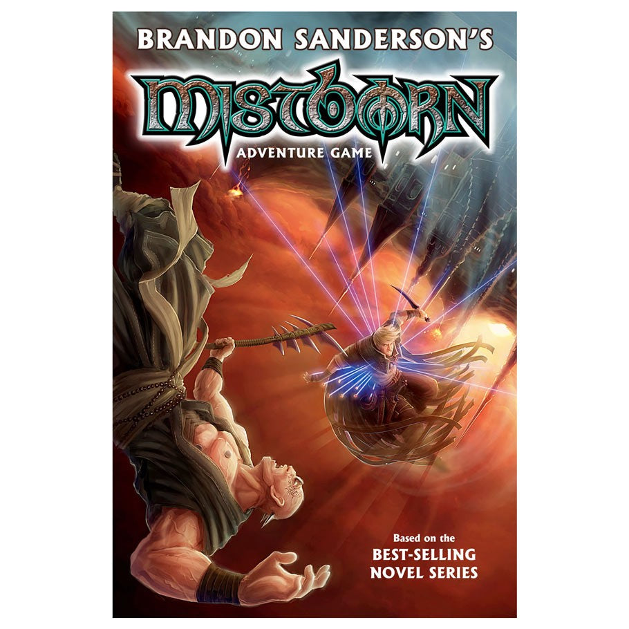 Mistborn Adventure Game - Fantasy-themed game box with a muscular figure wielding chains and a flying character emitting blue energy beams against a.