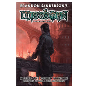 Mistborn Adventure Game: Nobles: The Golden Mandate - Mistborn Adventure Game book cover featuring a dark-cloaked figure overlooking a gothic cityscape in warm red and orange.