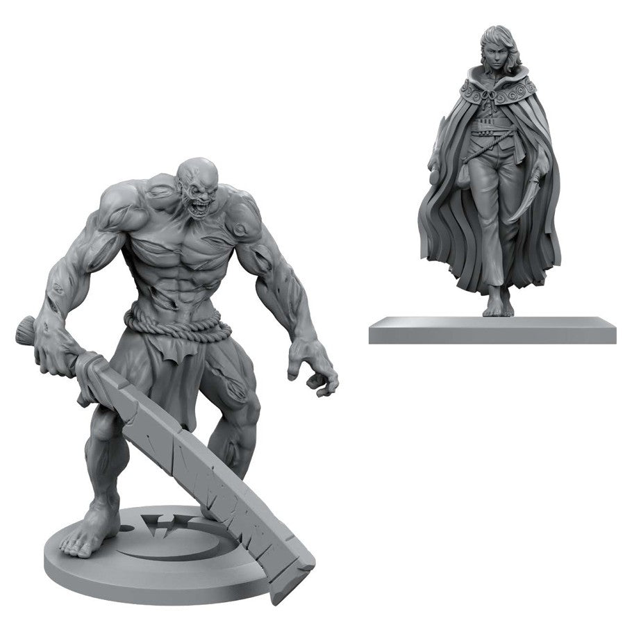Mistborn Adventure Game: House War: Siege of Luthadel - Two detailed gray plastic miniatures, one a muscular humanoid wielding a large sword, the other a cloaked figure with a high