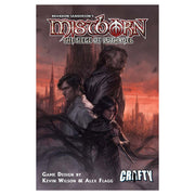 Mistborn Adventure Game: House War: Siege of Luthadel - Dark fantasy game box cover featuring three intense characters with cityscape at sunset, titled Mistborn Siege of Luthadel.