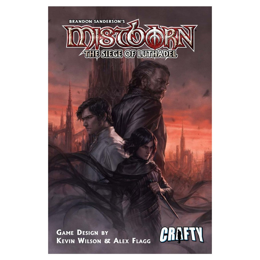 Mistborn Adventure Game: House War: Siege of Luthadel - Dark fantasy game box cover featuring three intense characters with cityscape at sunset, titled Mistborn Siege of Luthadel.