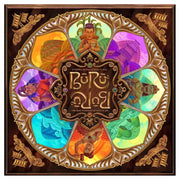Buru - Square board game with ornate circular design featuring colorful character illustrations and tribal motifs.