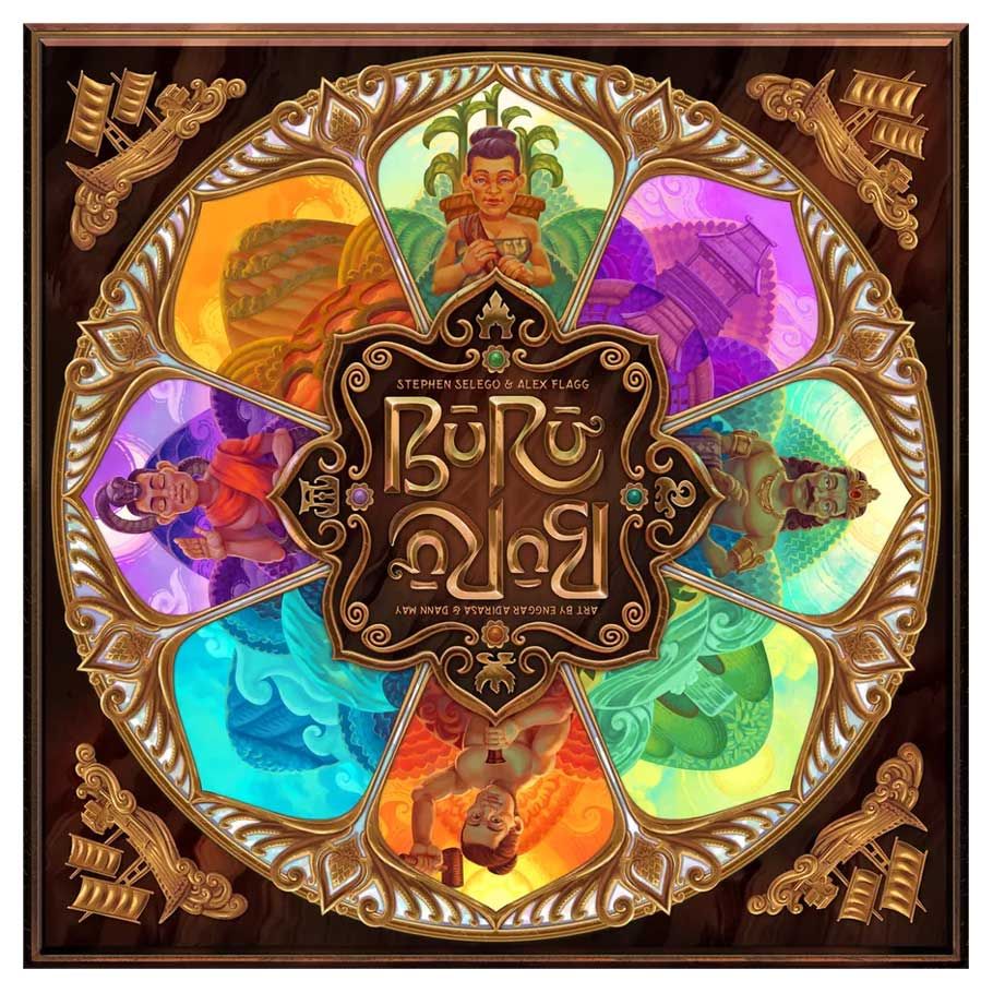 Buru - Square board game with ornate circular design featuring colorful character illustrations and tribal motifs.