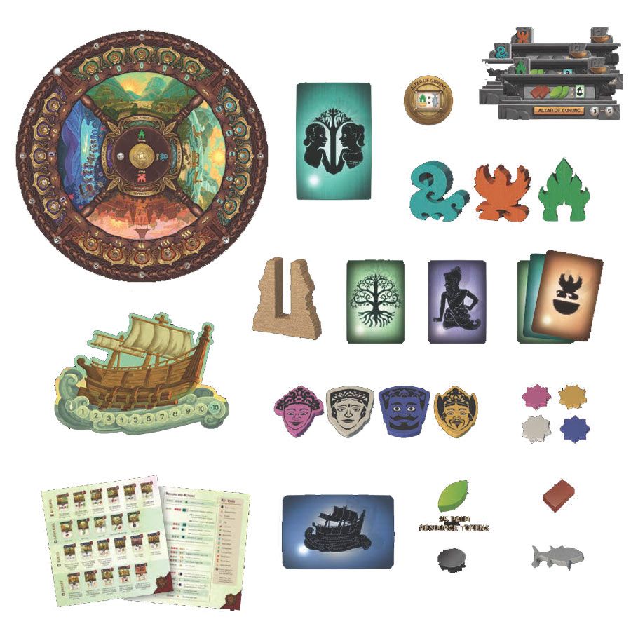 Buru - Buru strategy game components including circular game board with intricate colorful design, various cards with distinct.