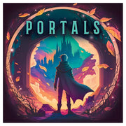 Portals - Silhouetted figure in cloak stands inside glowing circular portal with castle and fiery sky background, surrounded by.