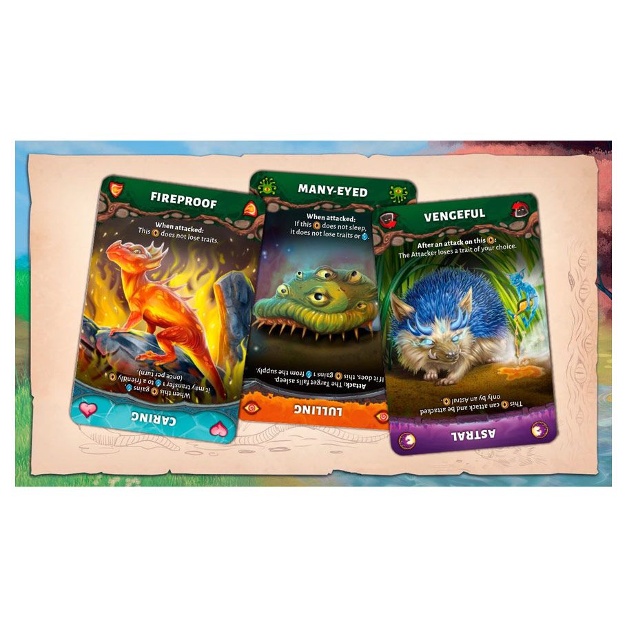 Evolution: Another World - Another World cards with vibrant creature illustrations and trait titles like Fireproof, Many-Eyed, and Vengeful.