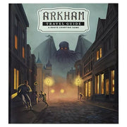 Arkham Travel Guide - Dark, eerie street scene at night with vintage buildings, glowing lamps, and a looming shadowy monster with red eyes behind.