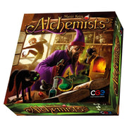 Alchemists - Board game box with an alchemist in a purple cloak mixing potions, a black cat nearby, and a glowing furnace in a rustic.