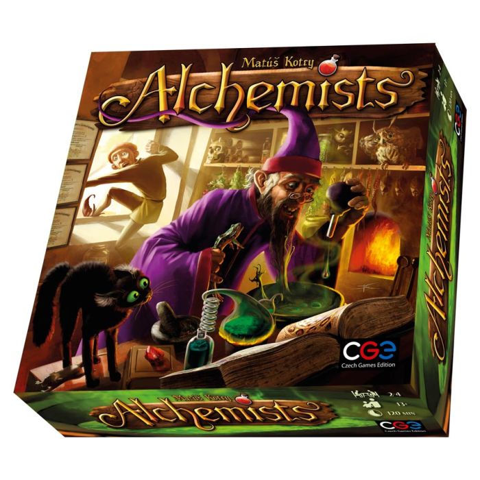 Alchemists - Board game box with an alchemist in a purple cloak mixing potions, a black cat nearby, and a glowing furnace in a rustic.