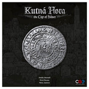 Kutna Hora: The City of Silver - Square game box with dark medieval city background, featuring a large detailed silver coin with a crown in the center and.