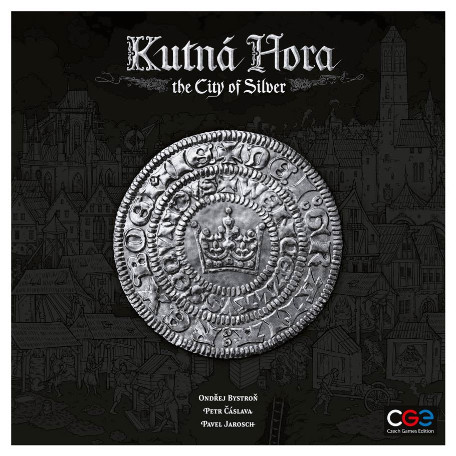 Kutna Hora: The City of Silver - Square game box with dark medieval city background, featuring a large detailed silver coin with a crown in the center and.