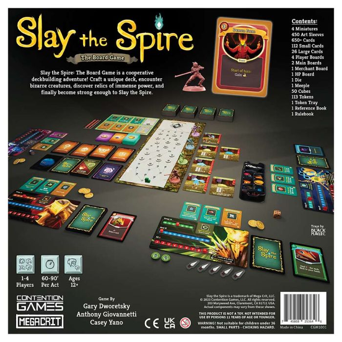 Slay the Spire: The Board Game - Board game setup with colorful cards, character miniatures, dice, and a detailed game board featuring a vertical progression