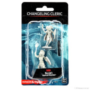 D&D Nolzur's Marvelous Minis: Changeling Cleric - Two unpainted beige plastic miniatures of changeling clerics, one holding a shield and staff, in clear blister pack with.