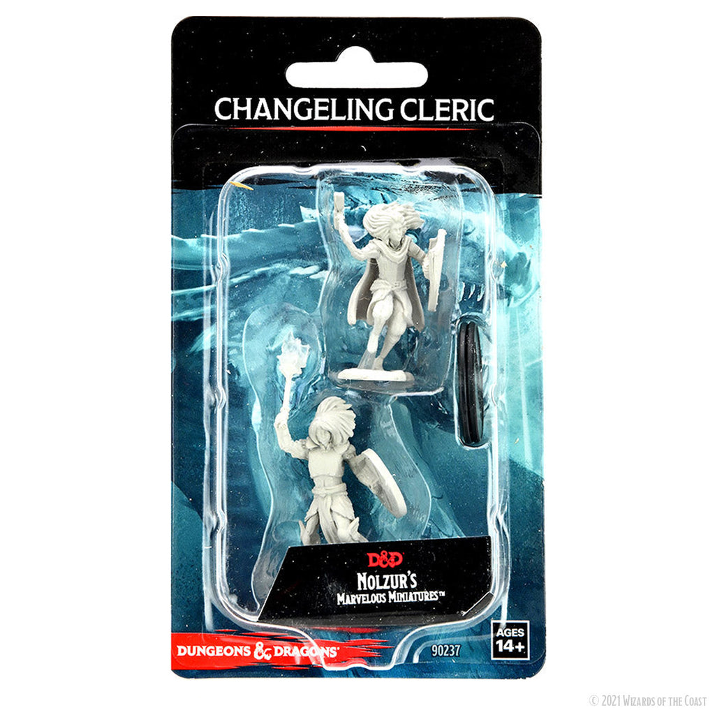 D&D Nolzur's Marvelous Minis: Changeling Cleric - Two unpainted beige plastic miniatures of changeling clerics, one holding a shield and staff, in clear blister pack with.