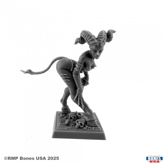Chaos Demon - Gray resin miniature of a crouching demon with twisted horns, pointed tail, and skulls at its feet on a rectangular base.