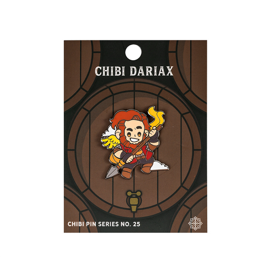 Critical Role Chibi Pin - Dariax - Chibi-style enamel pin of a red-haired character in red and brown outfit holding a yellow flame on a stick.
