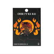 Critical Role Chibi Pin - Fy'ra Rai - Small enamel pin of a chibi character with dark skin, fiery red hair, black armor, and orange flames on a black backing card.