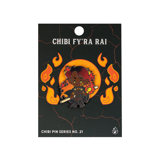 Critical Role Chibi Pin - Fy'ra Rai - Small enamel pin of a chibi character with dark skin, fiery red hair, black armor, and orange flames on a black backing card.