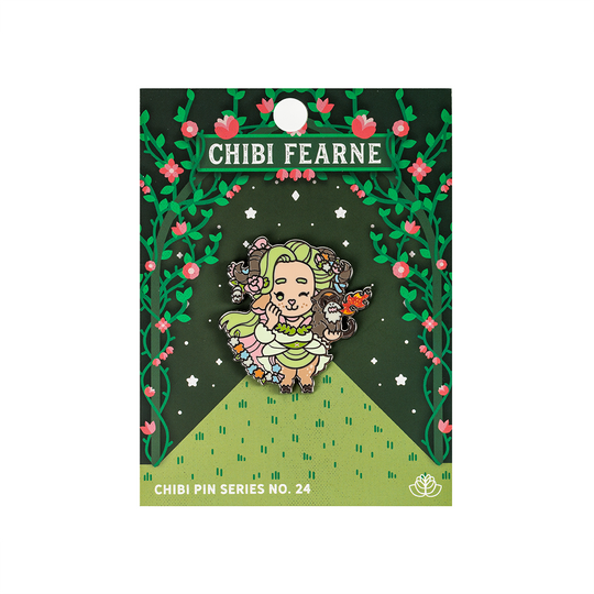 Critical Role Chibi Pin - Fearne Calloway - Colorful metal enamel pin featuring chibi-style character with light green hair, wearing a yellow dress, and holding a small