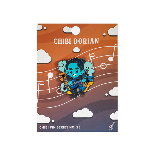 Critical Role Chibi Pin - Dorian Storm - Blue-skinned chibi character pin with teal hair, holding a violin, on a musical notes backdrop.