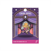 Critical Role Chibi Pin - Opal - Chibi-style enamel pin of Opal with gray hair, purple and pink outfit, holding a small weapon, on purple stage backdrop card.