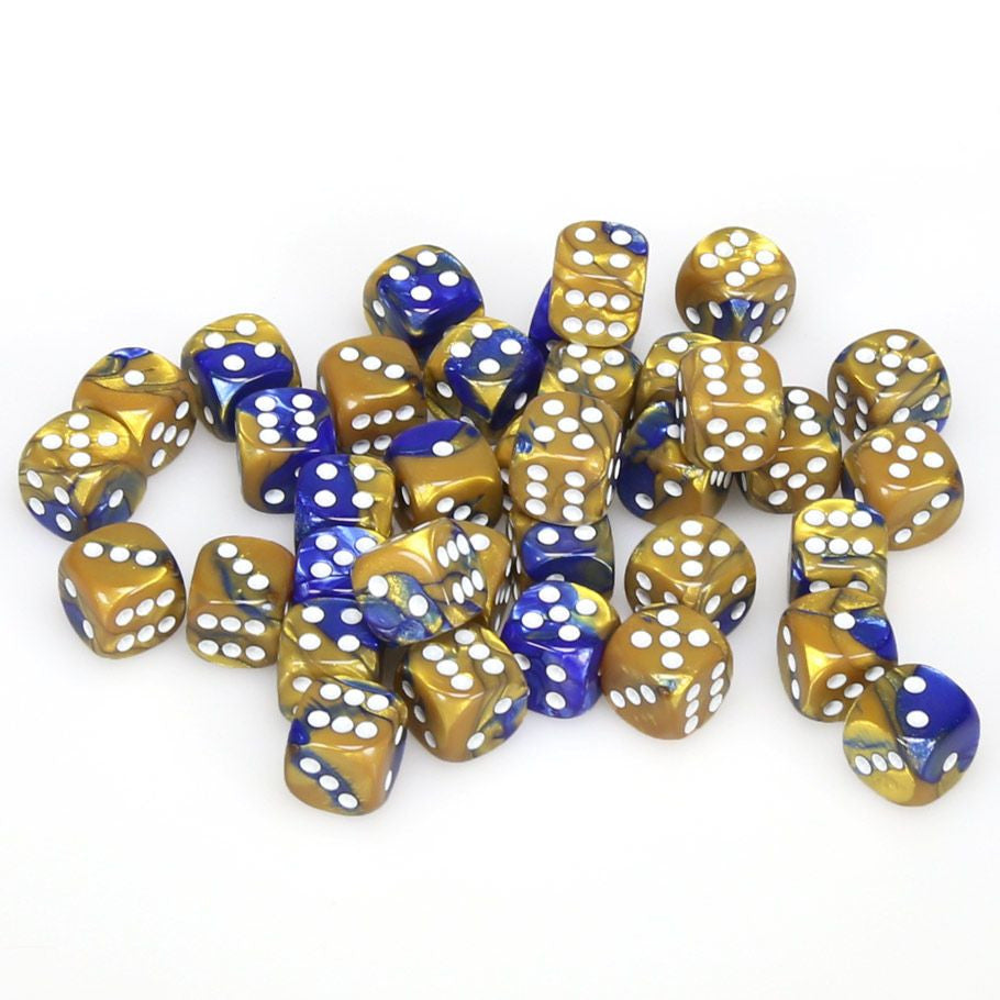 Chessex d6 Cube 12mm Gemini Blue and Gold with White (36) - Set of thirty-six 12mm acrylic six-sided dice in blue and gold with white pips, marbled Gemini color pattern.