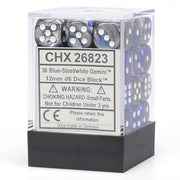 Chessex d6 Cube 12mm Gemini Blue and Steel with White (36) - Set of 36 twelve-millimeter six-sided acrylic dice in blue and steel swirl with white pips, packaged in a clear plastic box.