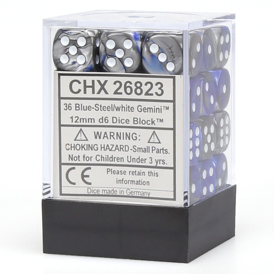 Chessex d6 Cube 12mm Gemini Blue and Steel with White (36) - Set of 36 twelve-millimeter six-sided acrylic dice in blue and steel swirl with white pips, packaged in a clear plastic box.