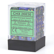Chessex d6 Cube 12mm Gemini Blue and Green with Gold (36) - Clear plastic box containing 36 translucent 12mm six-sided dice with a swirling blue and green Gemini pattern and gold.