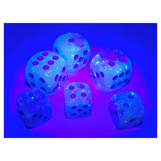 Chessex d6 Cube 12mm Gemini Luminary Pearl Turquoise-White with Blue (36) - Set of six translucent 12mm acrylic d6 dice with pearl white bases and glowing turquoise-blue pips under UV light.
