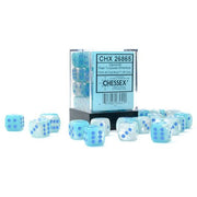 Chessex d6 Cube 12mm Gemini Luminary Pearl Turquoise-White with Blue (36) - Set of translucent 12mm acrylic d6 dice in pearl white and turquoise with blue pips, in clear packaging.