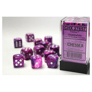 Chessex d6 Cube 16mm Festive Violet with White (12) - Set of twelve 16mm acrylic six-sided dice in swirling violet with white pips, deluxe style.