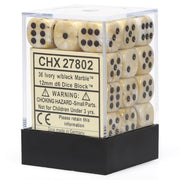 Chessex d6 Cube 12mm Marble Ivory with Black (36) - Set of 36 ivory marble acrylic d6 dice with black dots, 12mm, packed in clear plastic box with black base.