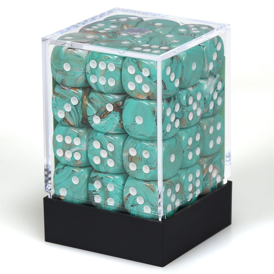 Chessex d6 Cube 12mm Marble Oxi-Copper with White (36) - Clear plastic container filled with 36 marbled green and copper 12mm six-sided dice with white pips.