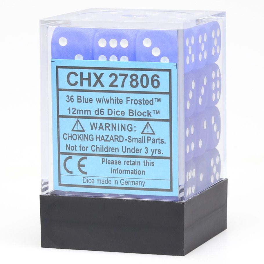 Chessex d6 Cube 12mm Frosted Blue with White (36) - Set of 36 frosted blue 12mm acrylic six-sided dice with white pips in clear plastic box.