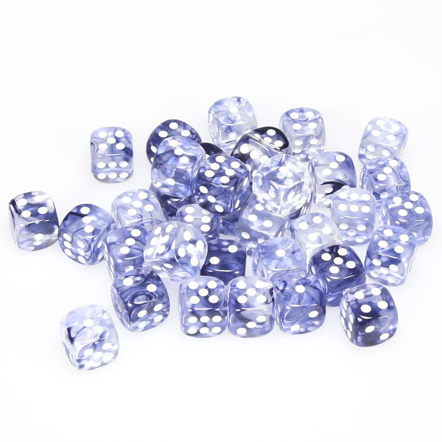 Chessex d6 Cube 12mm Nebula Black with White (36) - Thirty-six translucent black d6 dice with swirling nebula patterns and white pips, 12mm acrylic cubes.