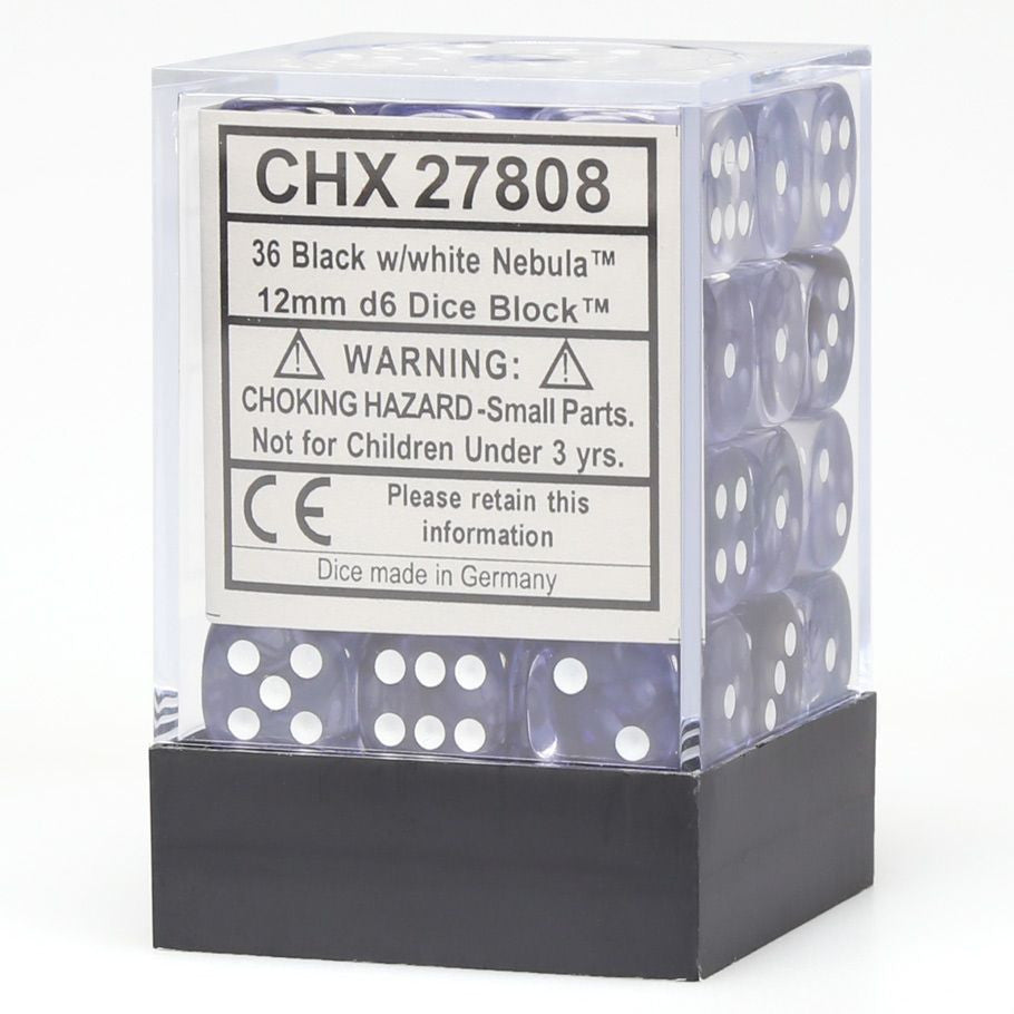 Chessex d6 Cube 12mm Nebula Black with White (36) - Set of 36 black 12mm six-sided dice with white pips, housed in clear plastic box with label.
