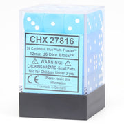 Chessex d6 Cube 12mm Frosted Caribbean Blue with White (36) - Set of thirty-six 12mm frosted Caribbean blue acrylic six-sided dice with white pips in clear plastic box.