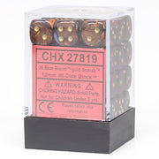 Chessex d6 Cube 12mm Scarab Blue Blood with Gold (36) - Set of twelve 12mm translucent blue dice with gold numbering, cube-shaped acrylic dice in clear plastic box.