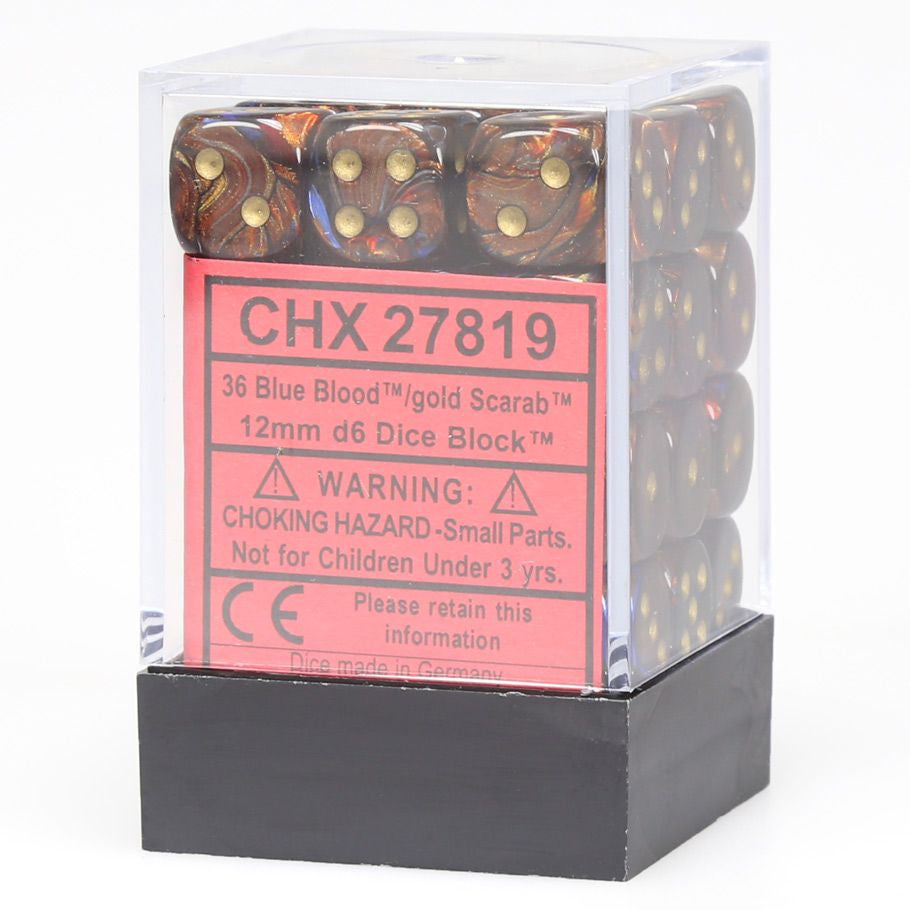 Chessex d6 Cube 12mm Scarab Blue Blood with Gold (36) - Set of twelve 12mm translucent blue dice with gold numbering, cube-shaped acrylic dice in clear plastic box.