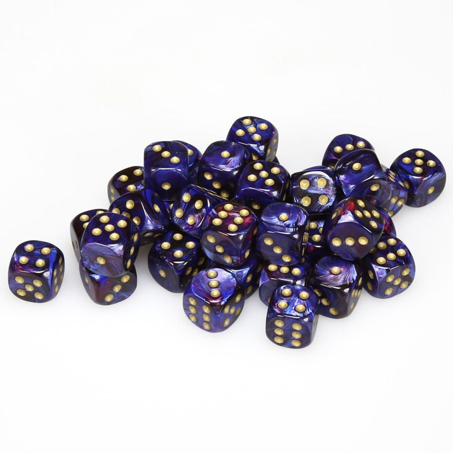 Chessex d6 Cube 12mm Scarab Royal Blue with Gold - Glossy royal blue acrylic d6 dice with gold pips, each 12mm cube shaped, scattered on white background.