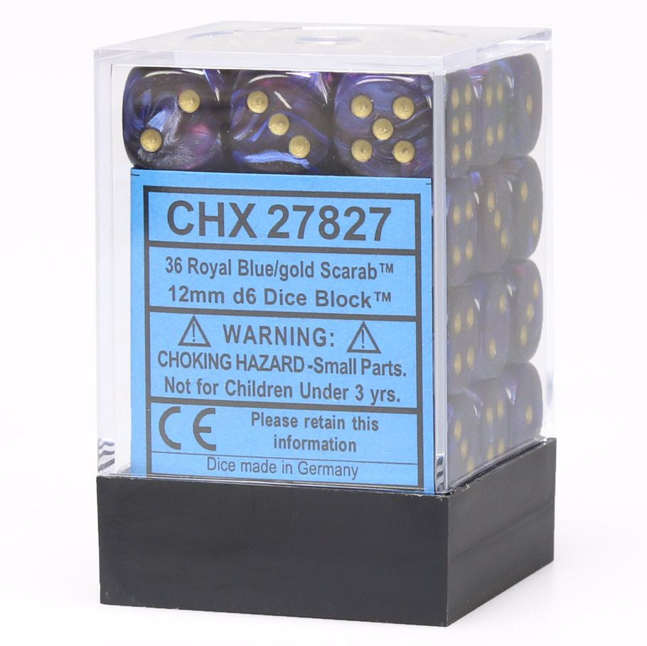 Chessex d6 Cube 12mm Scarab Royal Blue with Gold - Clear plastic container holding 36 royal blue acrylic six-sided dice with gold pips, each 12mm cube shaped.