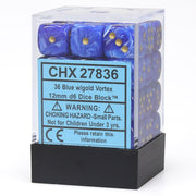 Chessex d6 Cube 12mm Vortex Blue with Gold (36) - Set of 36 translucent blue 12mm six-sided dice with gold numbers in a clear plastic box.