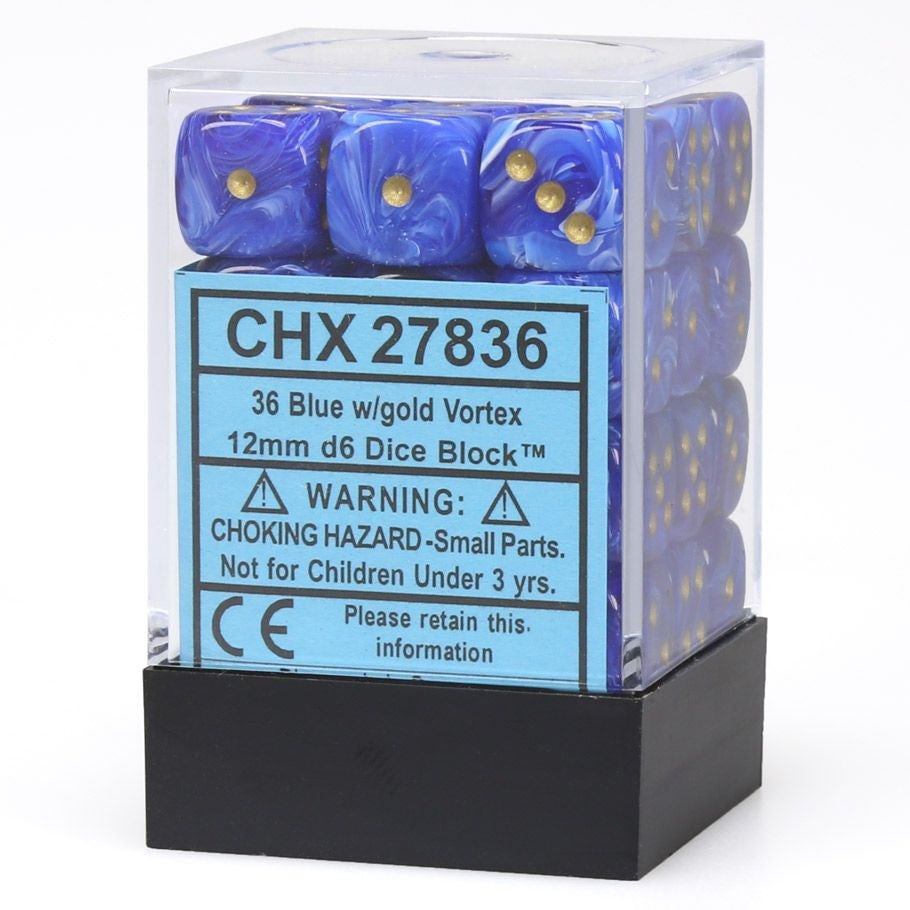 Chessex d6 Cube 12mm Vortex Blue with Gold (36) - Set of 36 translucent blue 12mm six-sided dice with gold numbers in a clear plastic box.