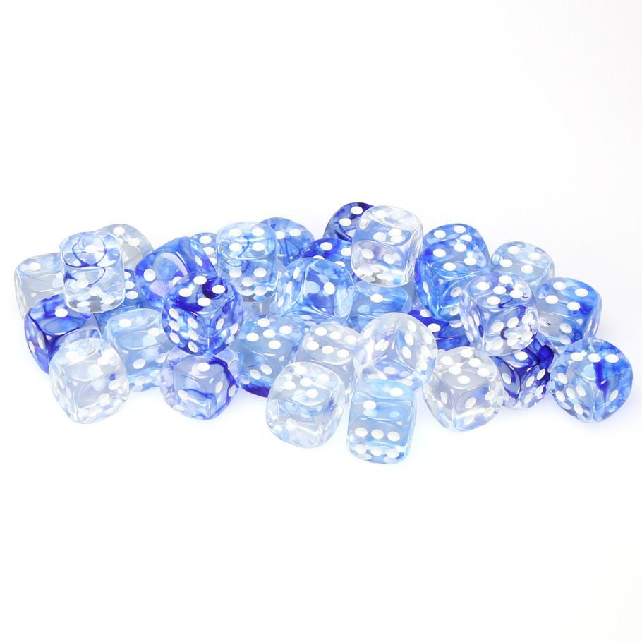 Chessex d6 Cube 12mm Nebula Dark Blue with White (36) - Set of 36 translucent dark blue and white acrylic six-sided dice with a nebula pattern and white pips.