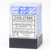Chessex d6 Cube 12mm Nebula Dark Blue with White (36) - Set of 36 translucent dark blue acrylic d6 dice with white pips in a clear plastic display case.