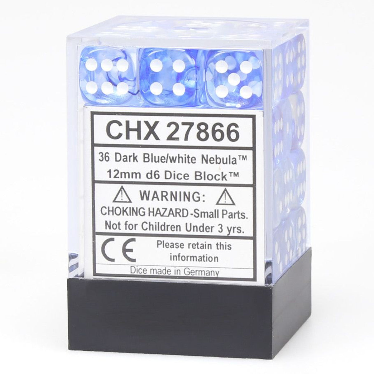 Chessex d6 Cube 12mm Nebula Dark Blue with White (36) - Set of 36 translucent dark blue acrylic d6 dice with white pips in a clear plastic display case.