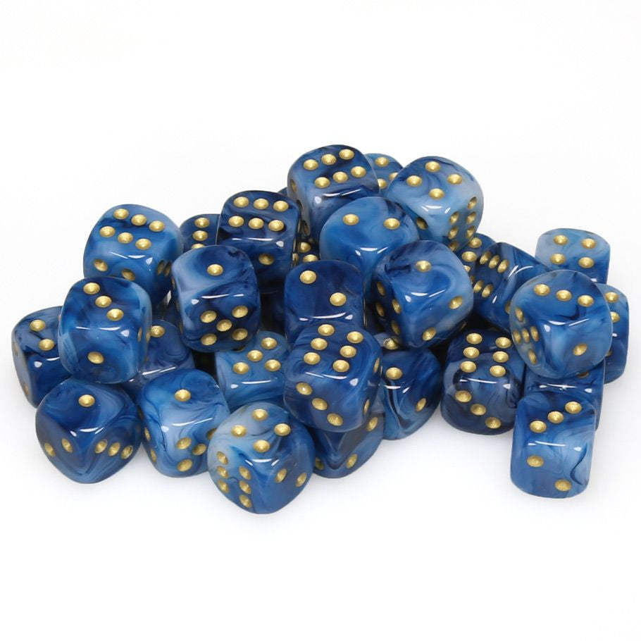 Chessex d6 Cube 12mm Phantom Teal with Gold (36) - Pile of 36 translucent teal 12mm acrylic six-sided dice with gold pips and smooth finish.